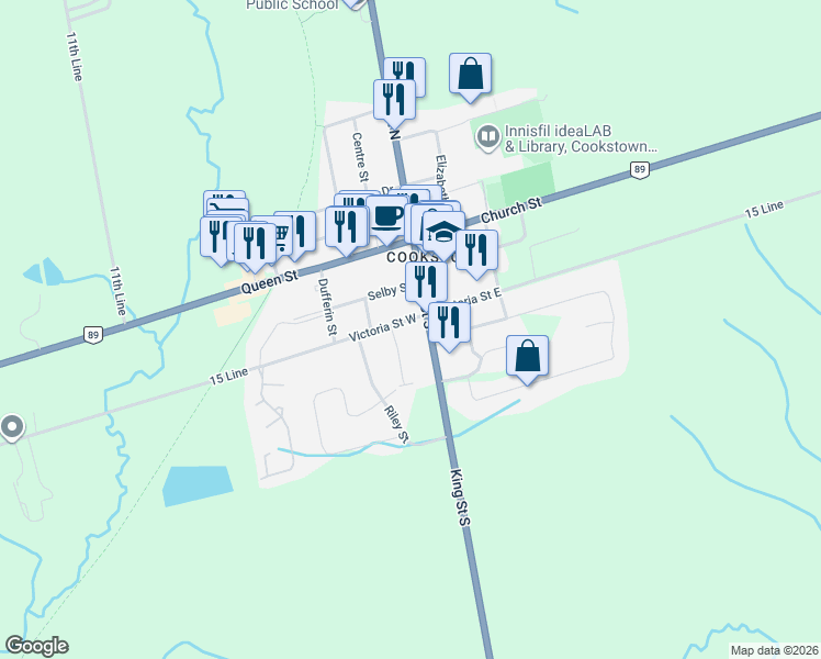 map of restaurants, bars, coffee shops, grocery stores, and more near 1 Victoria Street West in Innisfil