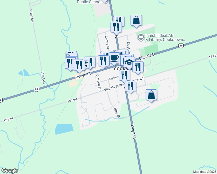 map of restaurants, bars, coffee shops, grocery stores, and more near 17 Victoria Street West in Innisfil