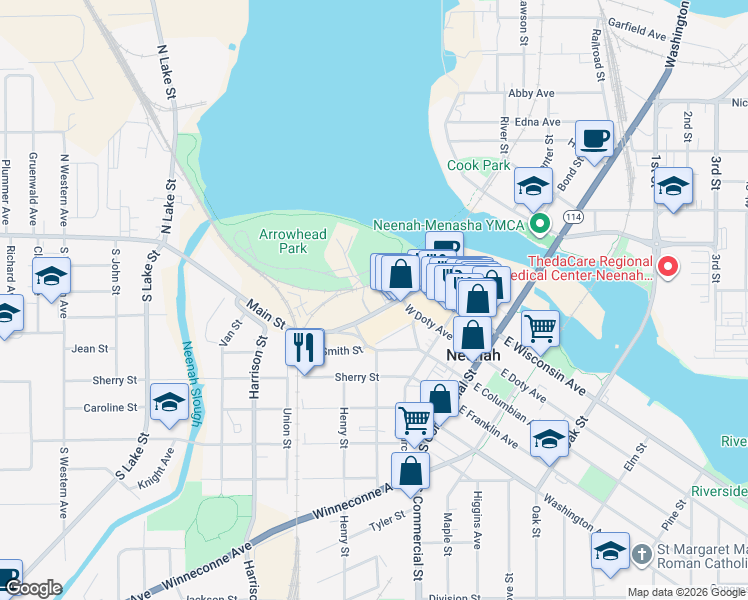 map of restaurants, bars, coffee shops, grocery stores, and more near 400 Main Street in Neenah