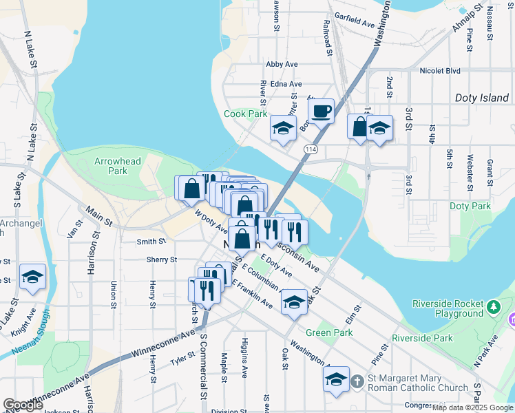 map of restaurants, bars, coffee shops, grocery stores, and more near 115 N Commercial St in Neenah