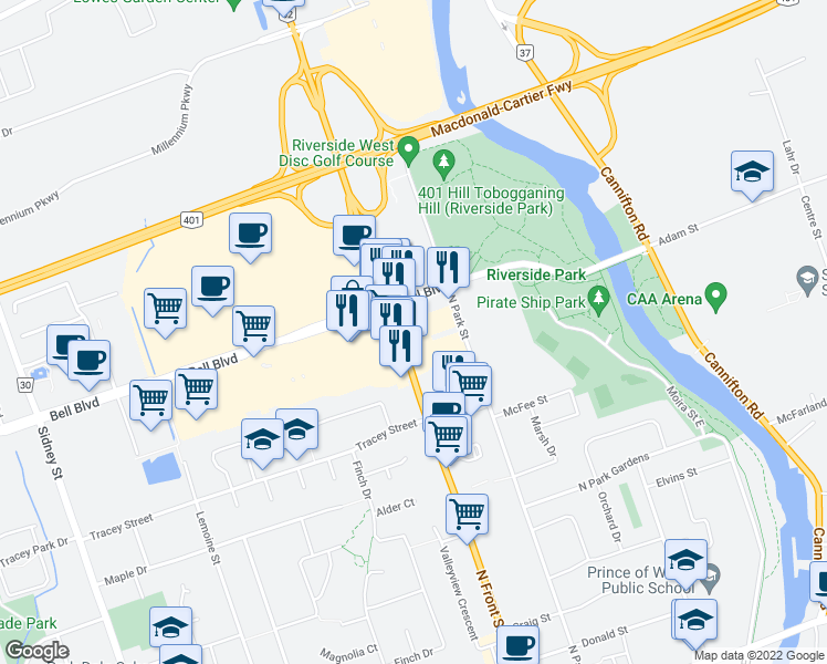 map of restaurants, bars, coffee shops, grocery stores, and more near 365 North Front Street in Belleville