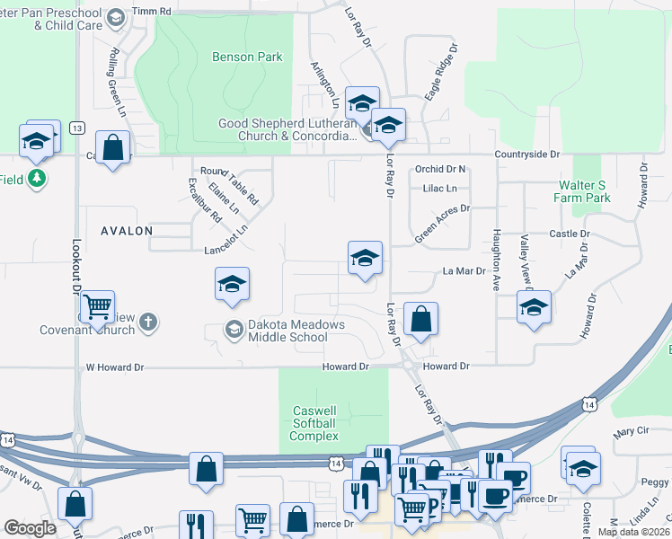 map of restaurants, bars, coffee shops, grocery stores, and more near 172 Kingsway Drive in North Mankato