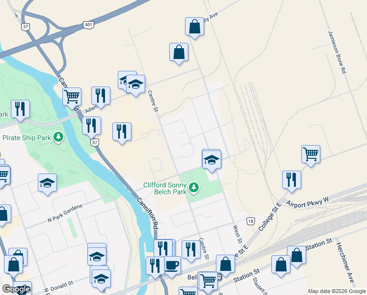 map of restaurants, bars, coffee shops, grocery stores, and more near 111 Centre Street in Belleville