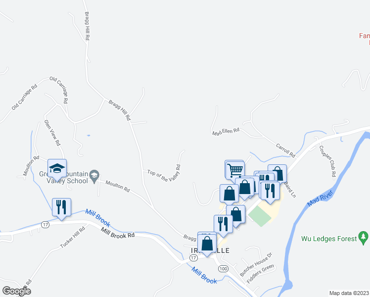 map of restaurants, bars, coffee shops, grocery stores, and more near 279 Top of the Valley Road in Waitsfield