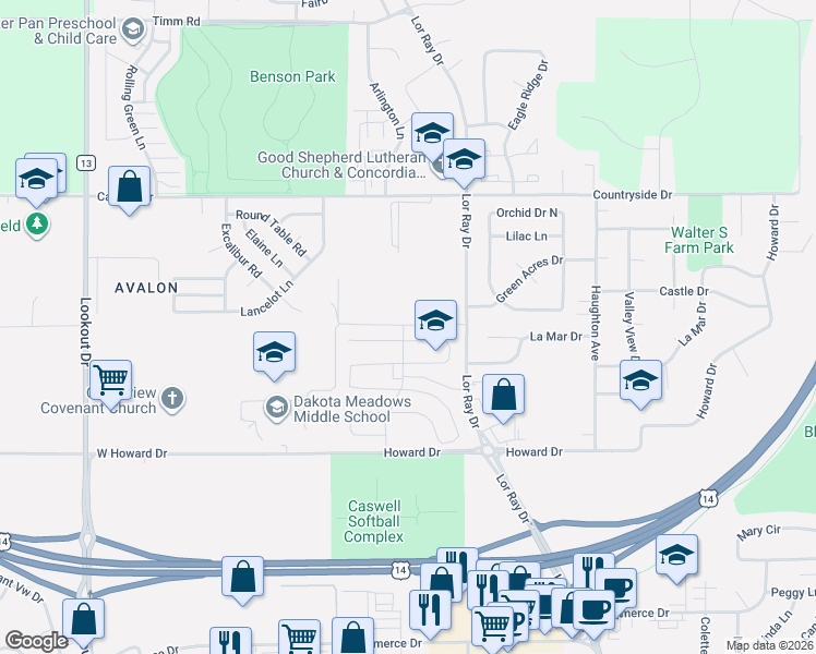 map of restaurants, bars, coffee shops, grocery stores, and more near 168 Kingsway Drive in North Mankato