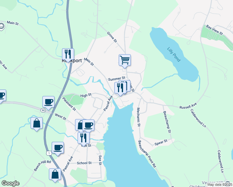 map of restaurants, bars, coffee shops, grocery stores, and more near 12 Franklin Street in Rockport
