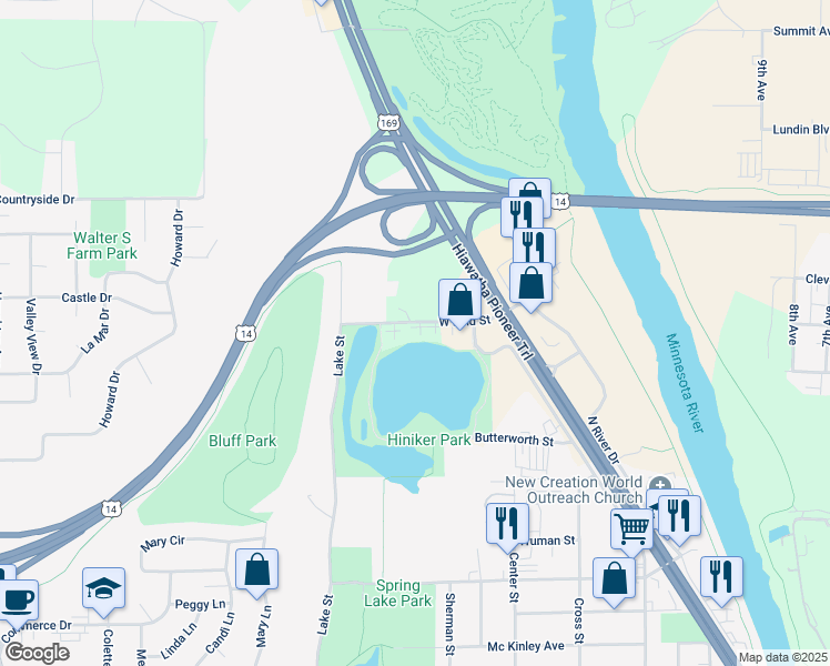 map of restaurants, bars, coffee shops, grocery stores, and more near 112 West Lind Street in Mankato