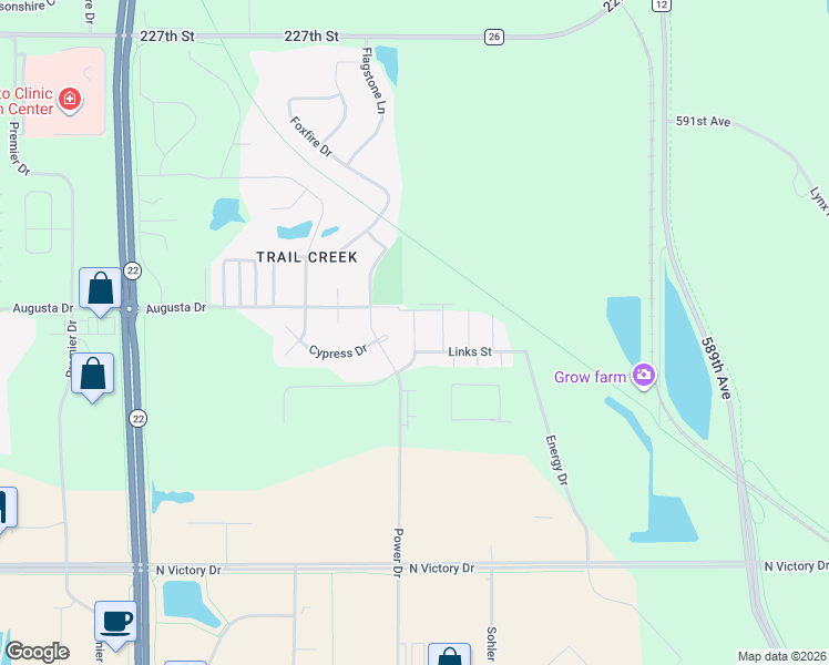 map of restaurants, bars, coffee shops, grocery stores, and more near Dogleg Street in Mankato