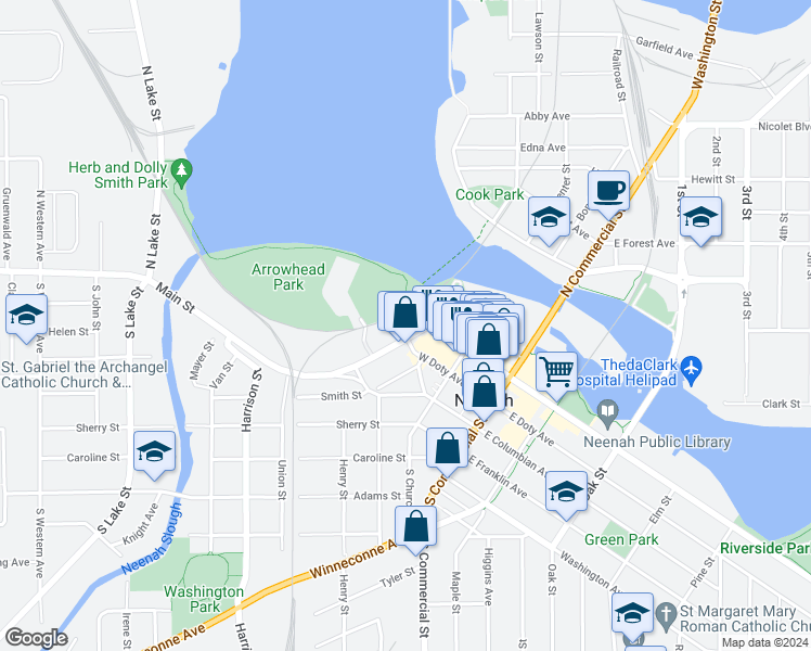 map of restaurants, bars, coffee shops, grocery stores, and more near 101 Main Street in Neenah