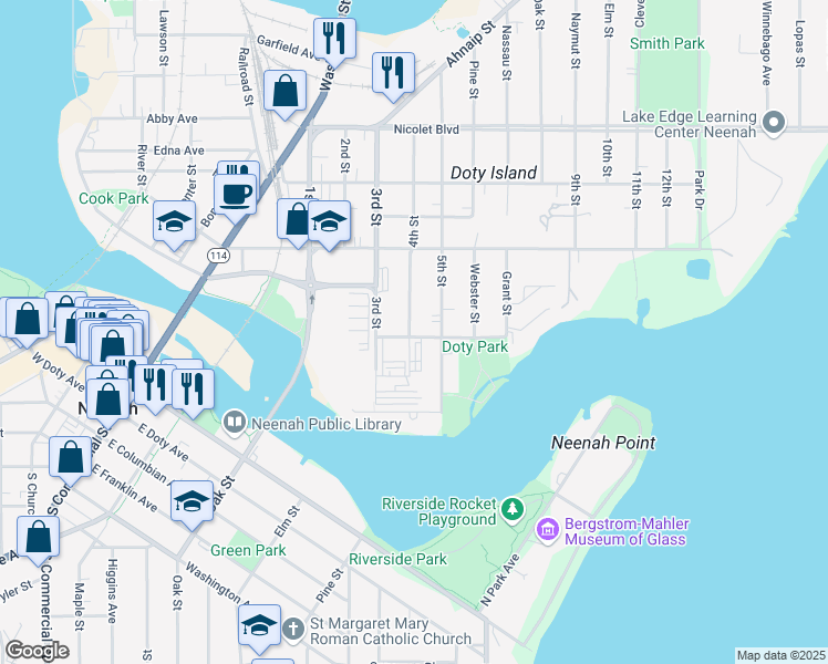 map of restaurants, bars, coffee shops, grocery stores, and more near 500 Lincoln Street in Neenah