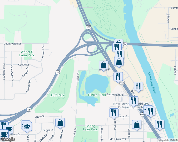 map of restaurants, bars, coffee shops, grocery stores, and more near 151 West Lind Street in Mankato