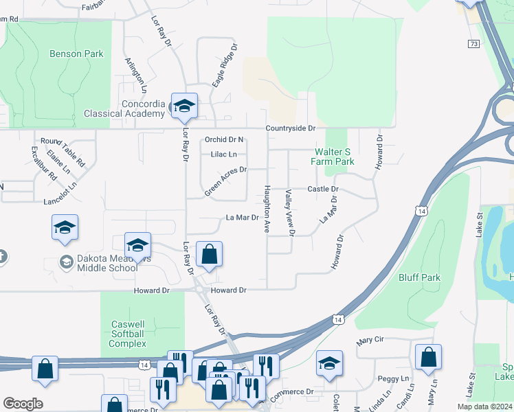 map of restaurants, bars, coffee shops, grocery stores, and more near 2005 Haughton Avenue in North Mankato