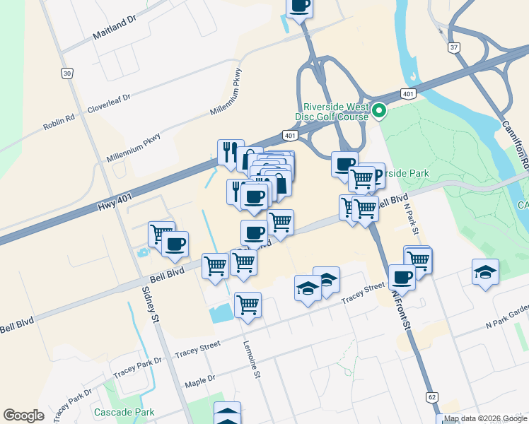 map of restaurants, bars, coffee shops, grocery stores, and more near 390 North Front Street in Belleville