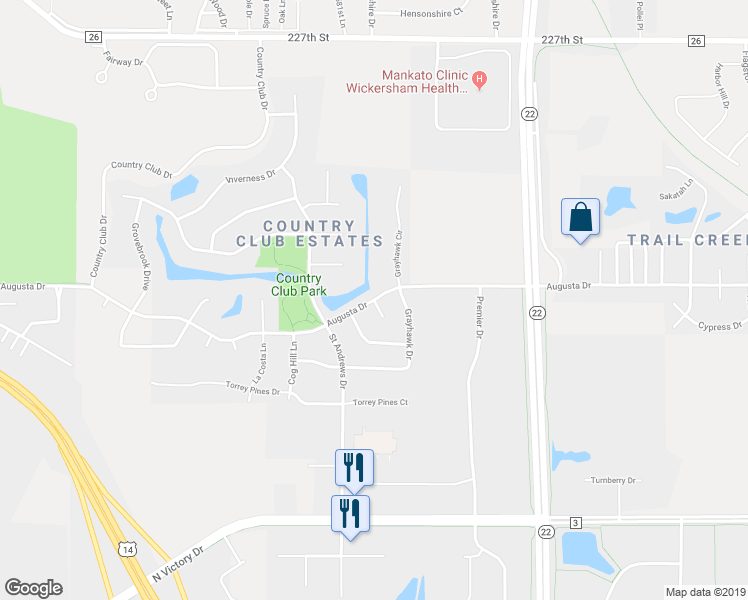 map of restaurants, bars, coffee shops, grocery stores, and more near Augusta Drive in Mankato