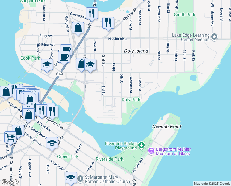 map of restaurants, bars, coffee shops, grocery stores, and more near 231 4th Street in Neenah