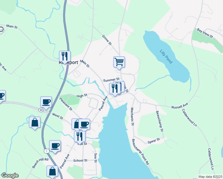 map of restaurants, bars, coffee shops, grocery stores, and more near 12 Franklin Street in Rockport