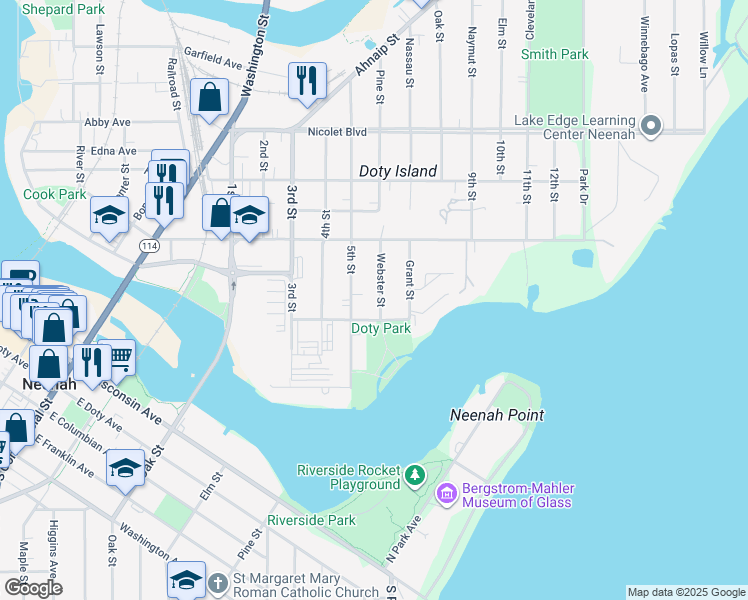 map of restaurants, bars, coffee shops, grocery stores, and more near 210 Webster Street in Neenah
