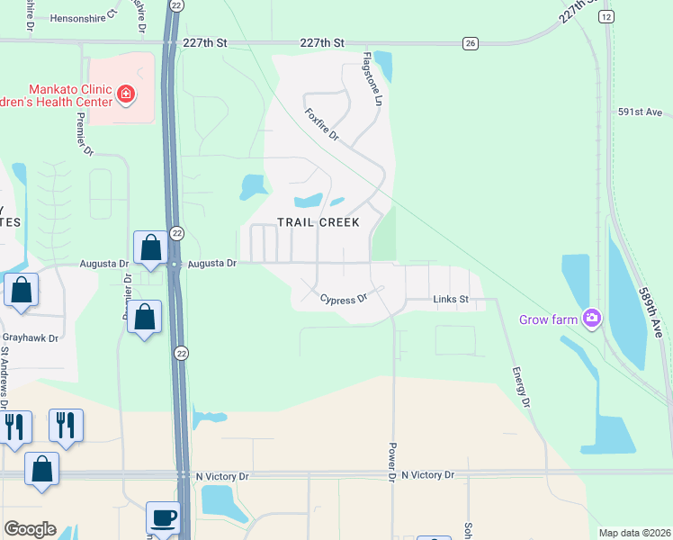 map of restaurants, bars, coffee shops, grocery stores, and more near 100 Olympic Court in Mankato