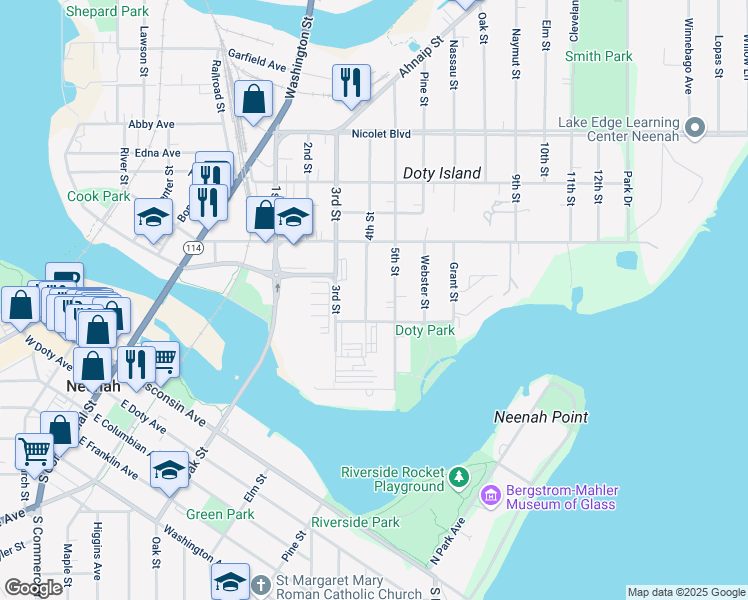 map of restaurants, bars, coffee shops, grocery stores, and more near 231 4th Street in Neenah