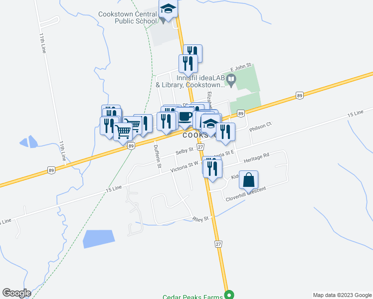 map of restaurants, bars, coffee shops, grocery stores, and more near 4 Selby Street in Innisfil