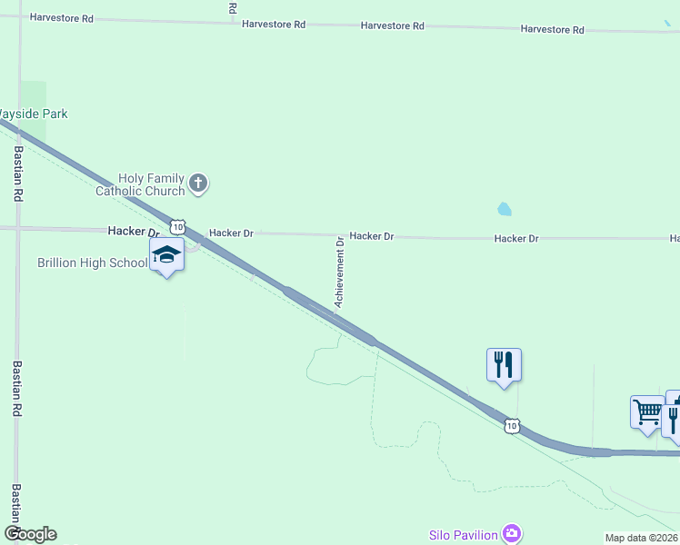 map of restaurants, bars, coffee shops, grocery stores, and more near Achievement Drive in Brillion