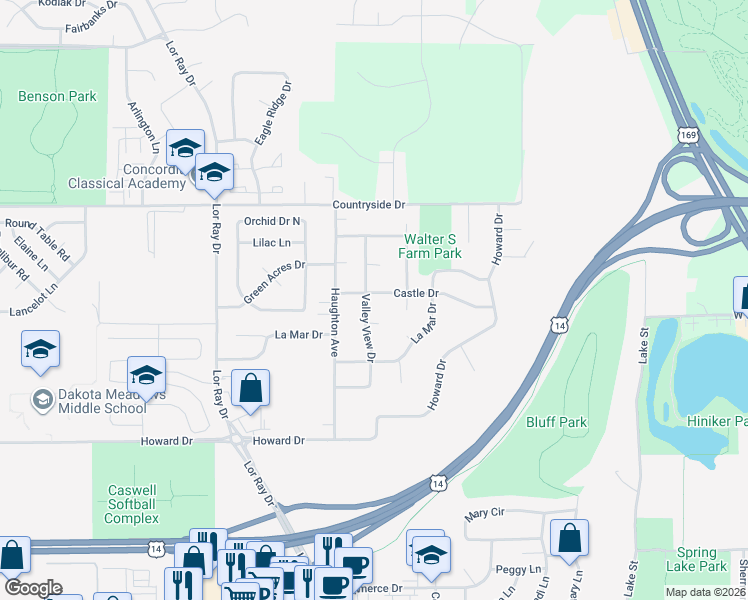 map of restaurants, bars, coffee shops, grocery stores, and more near 1663 Castle Drive in North Mankato