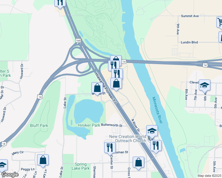 map of restaurants, bars, coffee shops, grocery stores, and more near 111 West Lind Court in Mankato