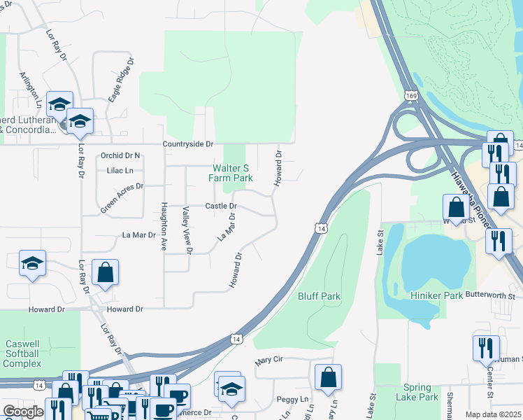 map of restaurants, bars, coffee shops, grocery stores, and more near 1510 Castle Drive in North Mankato