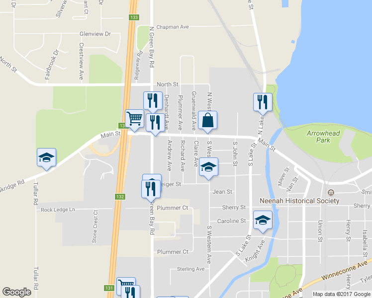 map of restaurants, bars, coffee shops, grocery stores, and more near 120 Richard Avenue in Neenah
