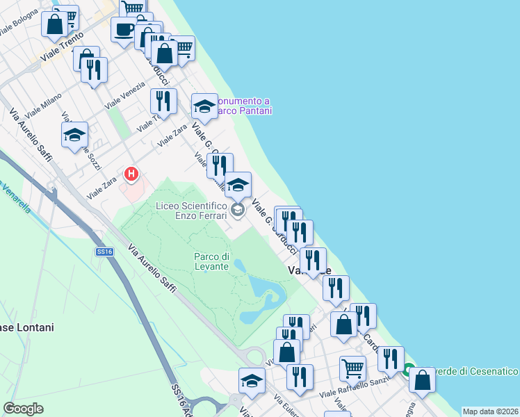 map of restaurants, bars, coffee shops, grocery stores, and more near 250 Viale Giosuè Carducci in Cesenatico