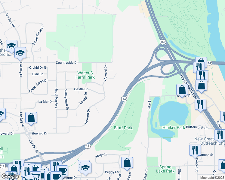 map of restaurants, bars, coffee shops, grocery stores, and more near 1977 Howard Drive in North Mankato