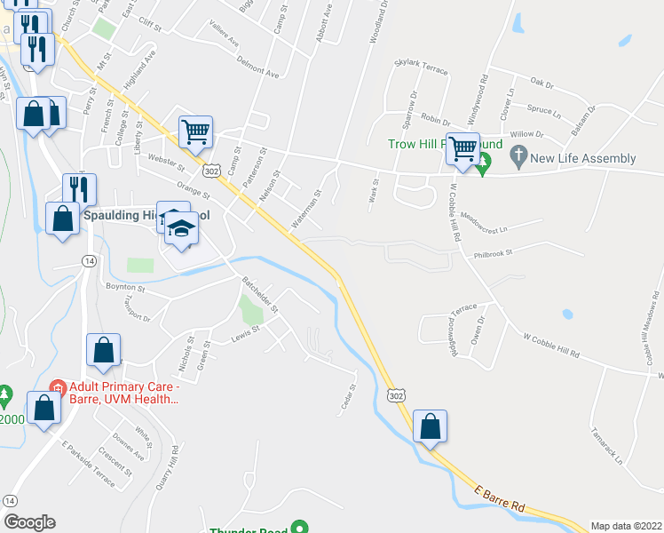 map of restaurants, bars, coffee shops, grocery stores, and more near 342 Washington Street in Barre