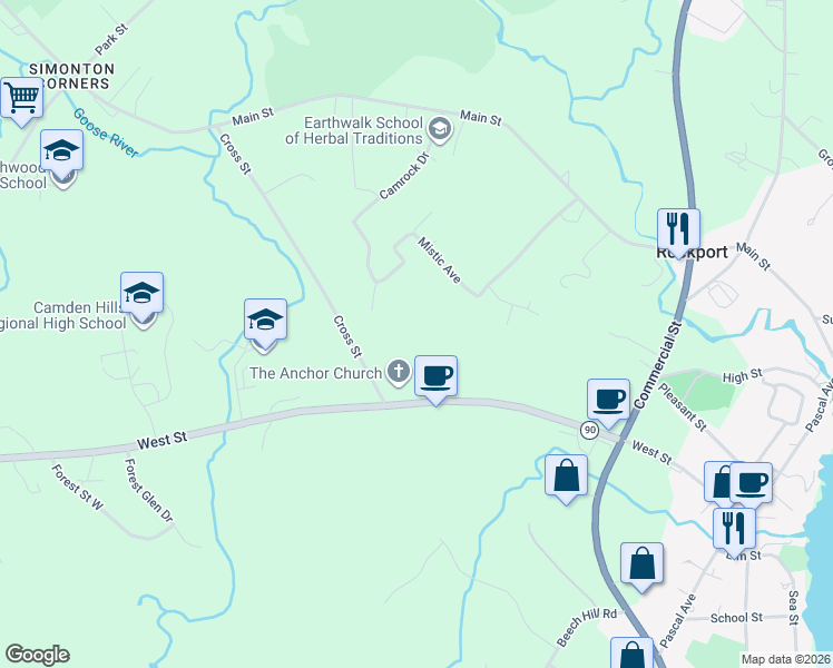 map of restaurants, bars, coffee shops, grocery stores, and more near in Rockport