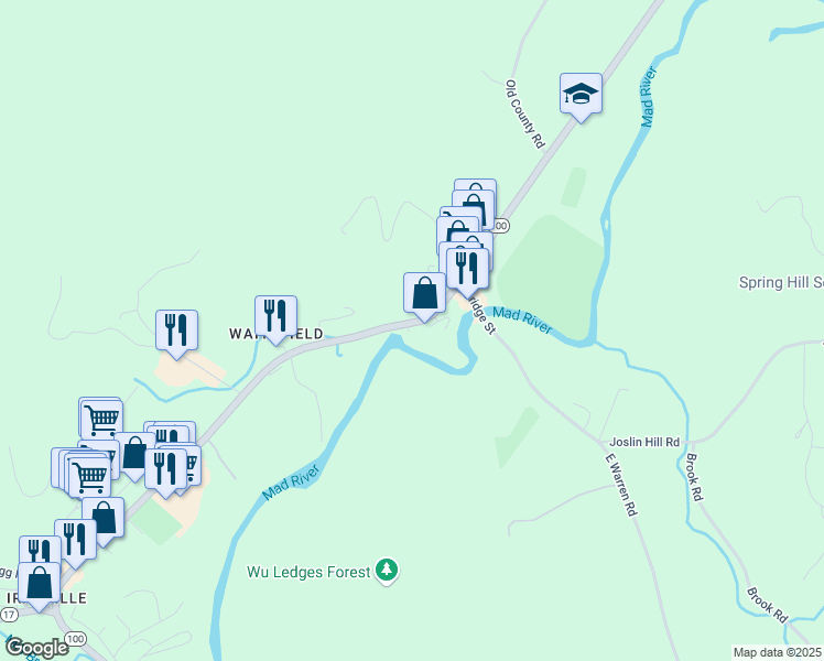 map of restaurants, bars, coffee shops, grocery stores, and more near 4509 Main Street in Waitsfield