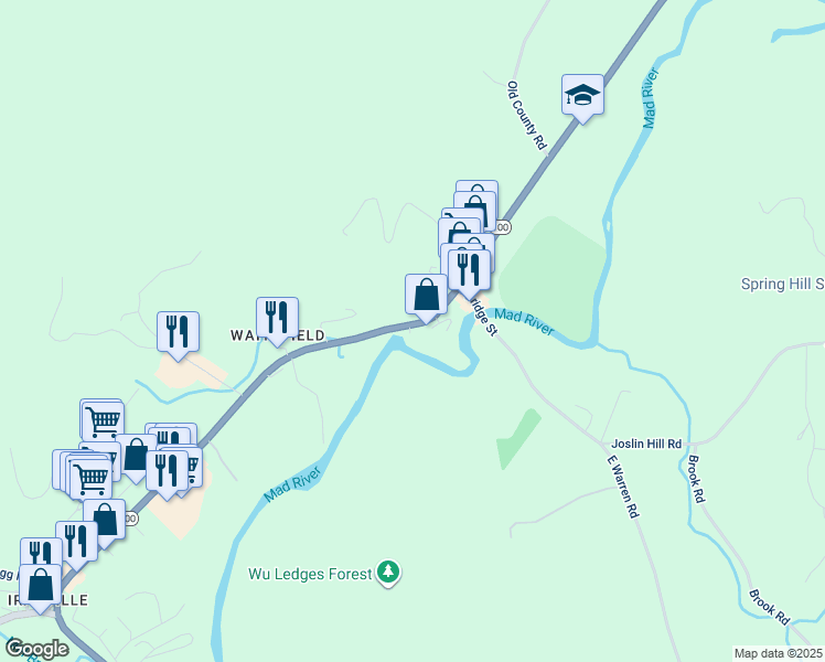 map of restaurants, bars, coffee shops, grocery stores, and more near 4509 Main Street in Waitsfield