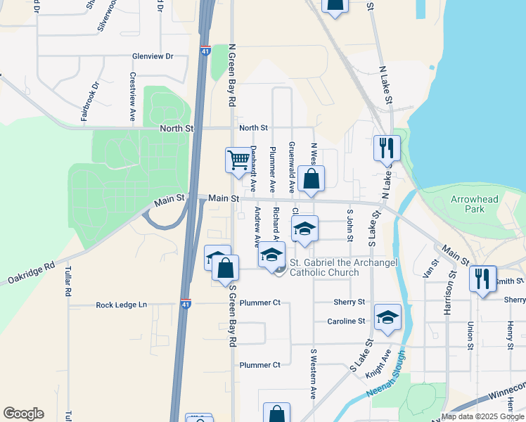 map of restaurants, bars, coffee shops, grocery stores, and more near 120 Andrew Avenue in Neenah