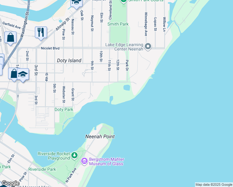 map of restaurants, bars, coffee shops, grocery stores, and more near 401 Beaulieu Road in Neenah