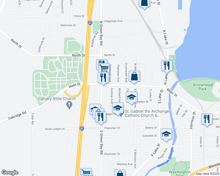 map of restaurants, bars, coffee shops, grocery stores, and more near 120 Andrew Avenue in Neenah