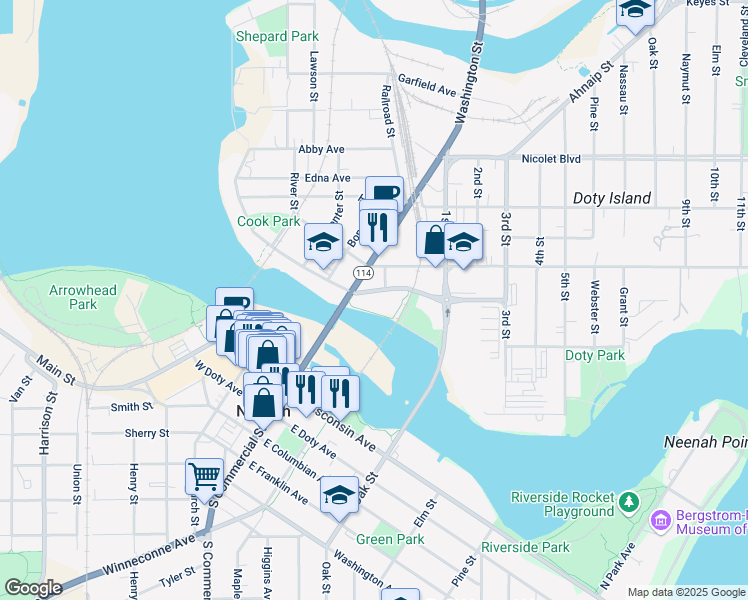 map of restaurants, bars, coffee shops, grocery stores, and more near 131 East North Water Street in Neenah