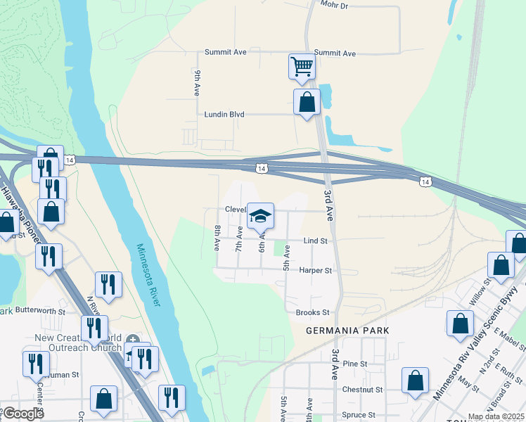 map of restaurants, bars, coffee shops, grocery stores, and more near Cleveland Street in Mankato