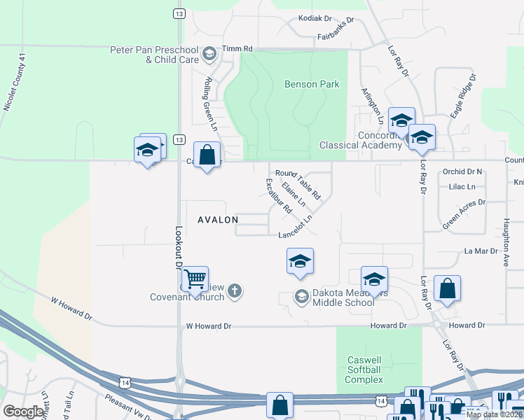 map of restaurants, bars, coffee shops, grocery stores, and more near 2113 Excalibur Road in North Mankato