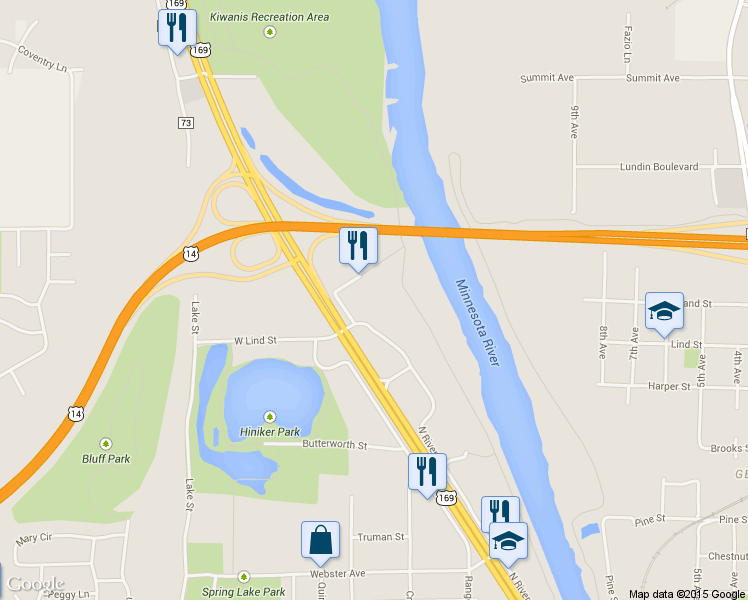 map of restaurants, bars, coffee shops, grocery stores, and more near 111 West Lind Court in Mankato