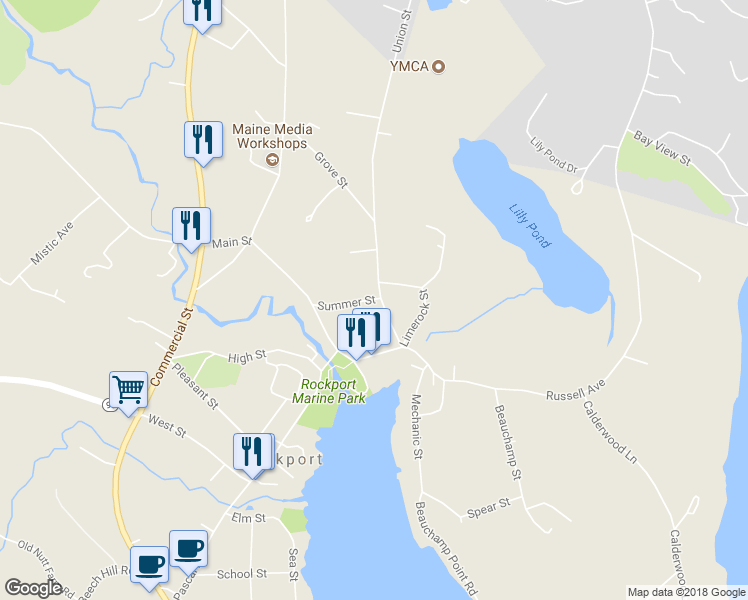 map of restaurants, bars, coffee shops, grocery stores, and more near 3 Summer Street in Rockport