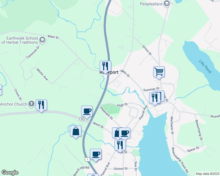 map of restaurants, bars, coffee shops, grocery stores, and more near 3 Camden Street in Rockport