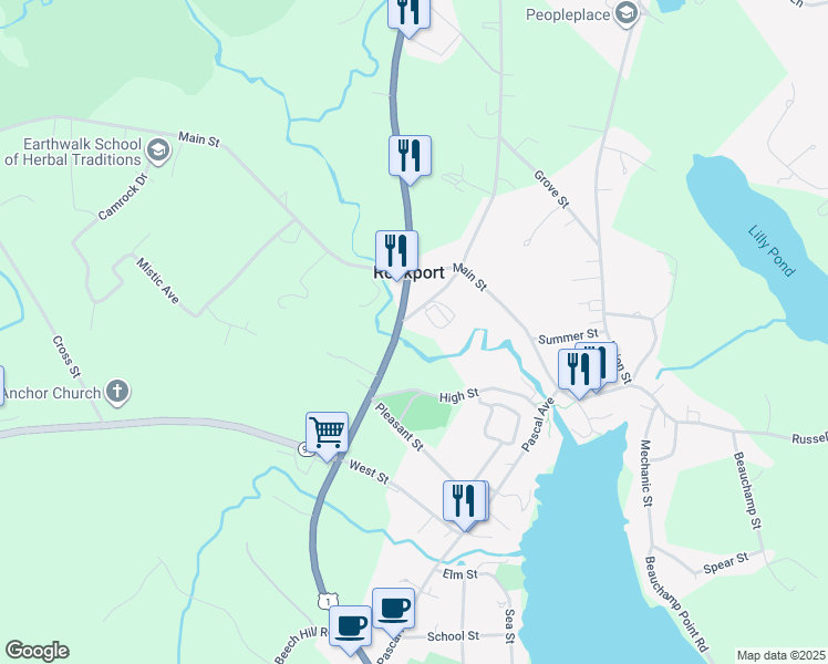 map of restaurants, bars, coffee shops, grocery stores, and more near 3 Camden Street in Rockport