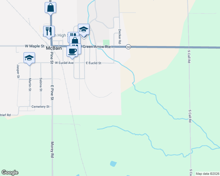 map of restaurants, bars, coffee shops, grocery stores, and more near 330-500 East Euclid Street in McBain