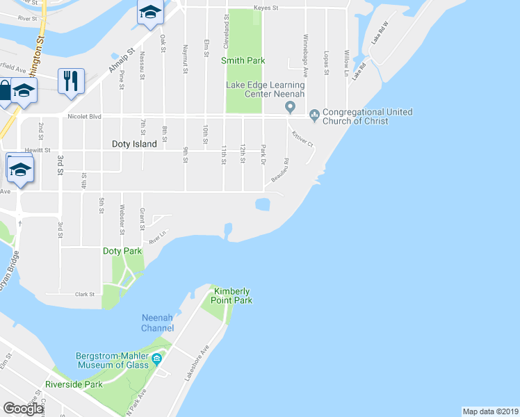 map of restaurants, bars, coffee shops, grocery stores, and more near 401 Beaulieu Road in Neenah