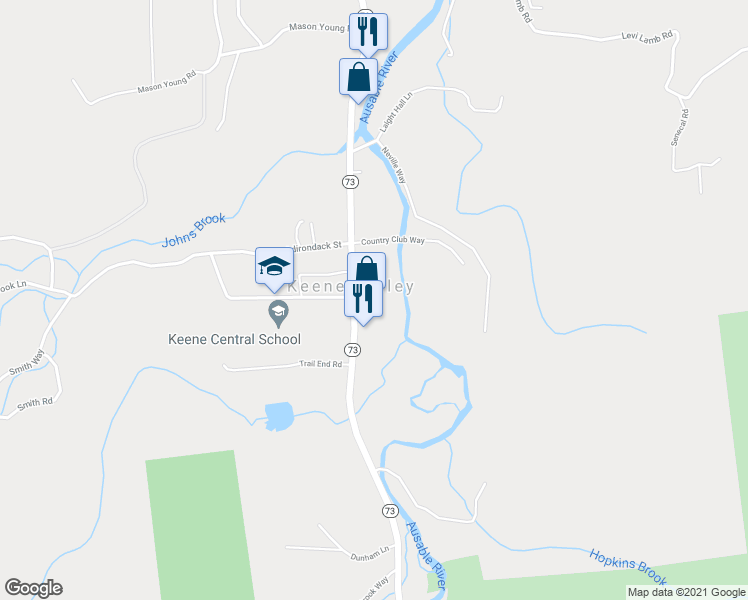 map of restaurants, bars, coffee shops, grocery stores, and more near 1782 New York 73 in Keene Valley