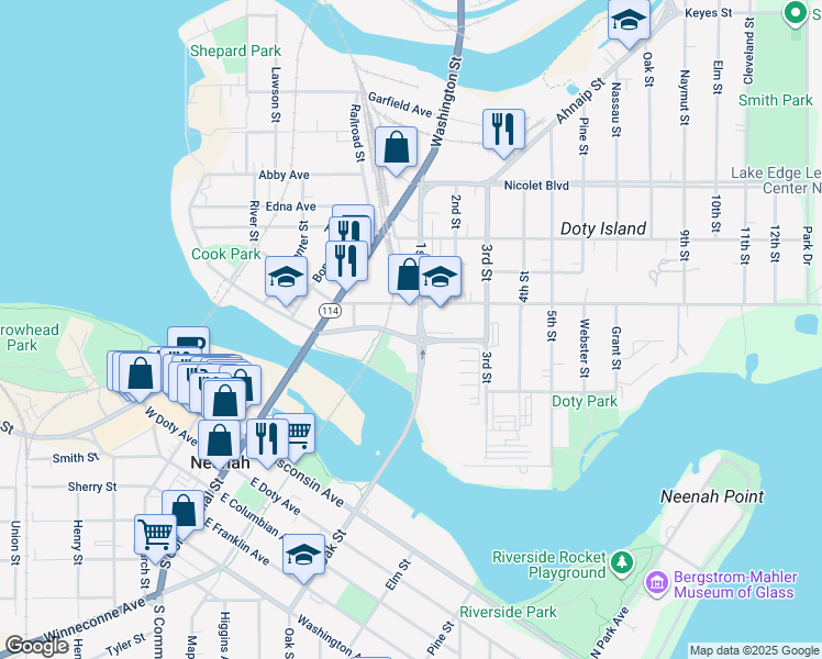map of restaurants, bars, coffee shops, grocery stores, and more near 250 1st Street in Neenah
