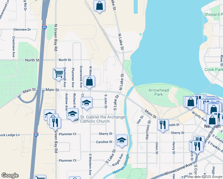 map of restaurants, bars, coffee shops, grocery stores, and more near 723 Main Street in Neenah